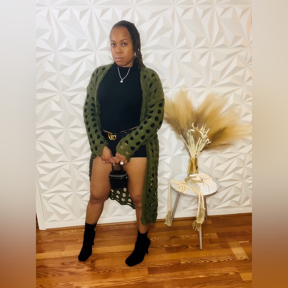 Pressed Hollow Open Flared Cardigan - Olive - Picture 4 of 4